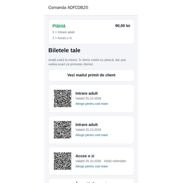 Aplicatie bilete online cu cod QR si plata cu cardul (web si mobil)