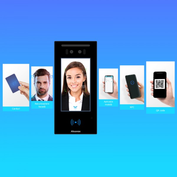 Terminal de control acces IP cu ecran de 5” si camera duala, recunoastere faciala, cod QR, bluetooth, NFC, carduri Mifare Terminal de control acces IP cu ecran de 5” si camera duala, recunoastere faciala, cod QR, bluetooth, NFC, carduri Mifare