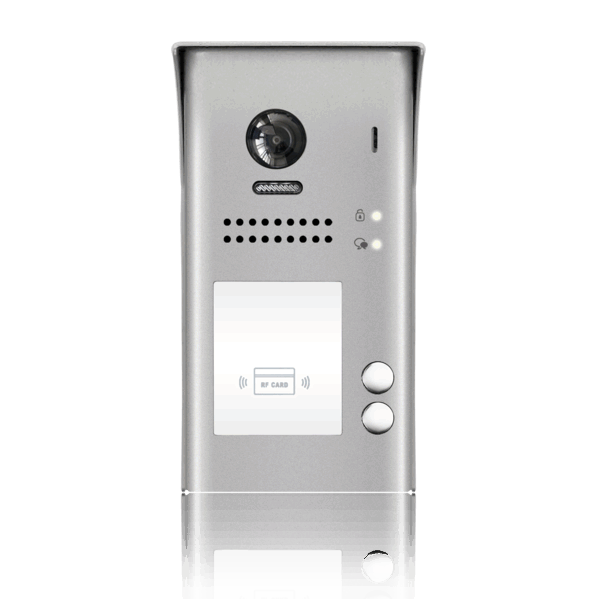 Panou video color de apel exterior, cu conexiune pe 2 fire, camera WIDE ANGLE 170°, pentru doi abonati, control acces RFID Panou video color de apel exterior, cu conexiune pe 2 fire, camera WIDE ANGLE 170°, pentru doi abonati, control acces RFID