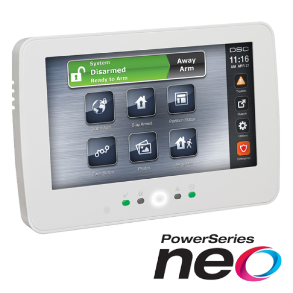 Tastatura touch screen color 7', 128 zone, cititor proximitate, alb, EN/RO, SERIA NEO - DSC HS2TCHPEE1