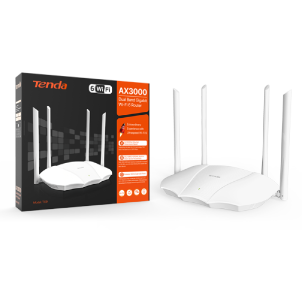 Router Wi-Fi 6 AX3000, DaulBand2.4/5GHz, 574+2402 Mbps, 4x6dBi, 4 x Gigabit  - TENDA TND-TX9