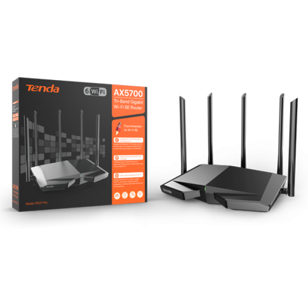 Router Wi-Fi 6e, AX5700 TriBand 2.4/5GHz/6GHz, 861+2402+2402 Mbps, 5x6dBi, 4 x Gigabit - TENDA TND-RX27-PRO Router Wi-Fi 6e, AX5700 TriBand 2.4/5GHz/6GHz, 861+2402+2402 Mbps, 5x6dBi, 4 x Gigabit - TENDA TND-RX27-PRO