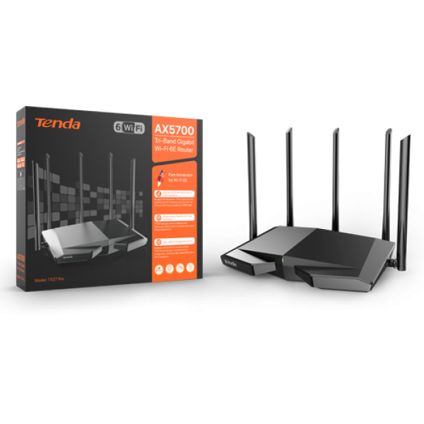Router Wi-Fi 6e, AX5700 TriBand 2.4/5GHz/6GHz, 861+2402+2402 Mbps, 5x6dBi, 4 x Gigabit - TENDA TND-TX27-PRO Router Wi-Fi 6e, AX5700 TriBand 2.4/5GHz/6GHz, 861+2402+2402 Mbps, 5x6dBi, 4 x Gigabit - TENDA TND-TX27-PRO
