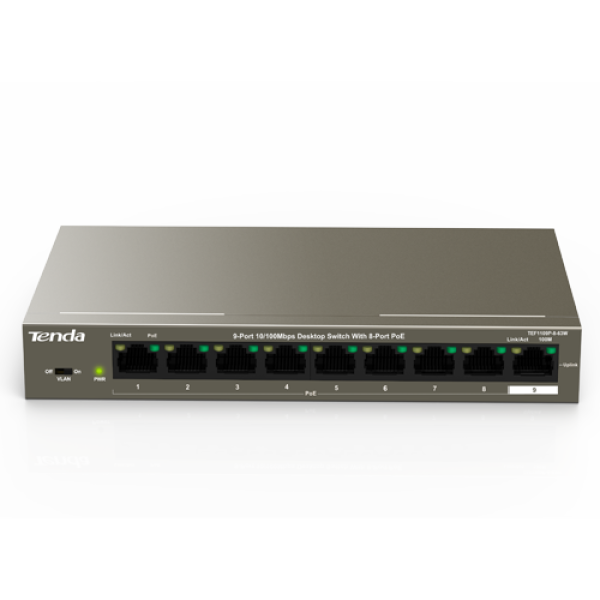 Switch 8 porturi PoE, 1 port uplink RJ45, 10/100Mbps - TENDA TND-TEF1109P-8-63W Switch 8 porturi PoE, 1 port uplink RJ45, 10/100Mbps - TENDA TND-TEF1109P-8-63W