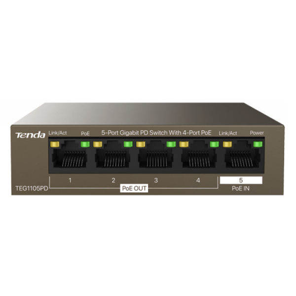 Switch 4 porturi PoE OUT, 1 port PoE IN, Gigabit - TENDA TND-TEG1105PD Switch 4 porturi PoE OUT, 1 port PoE IN, Gigabit - TENDA TND-TEG1105PD