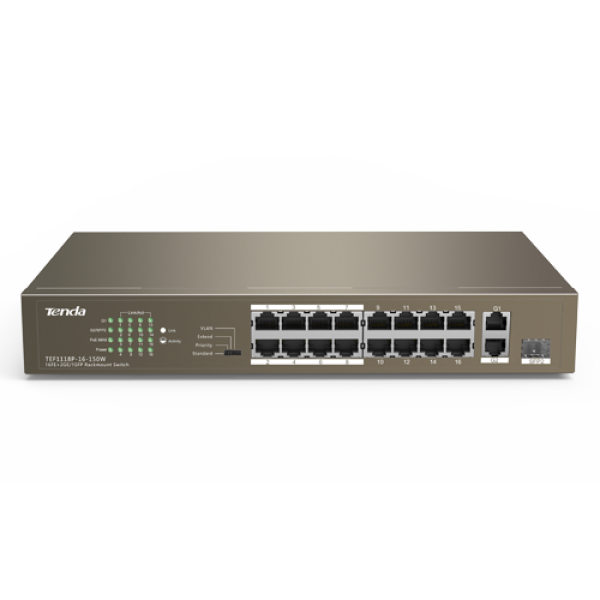Switch 16 porturi PoE 10/100 Mbps, 2 port RJ45 Gigabit, 1 port SFP Gigabit - TENDA TND-TEF1118P-16-150W-V30 Switch 16 porturi PoE 10/100 Mbps, 2 port RJ45 Gigabit, 1 port SFP Gigabit - TENDA TND-TEF1118P-16-150W-V30