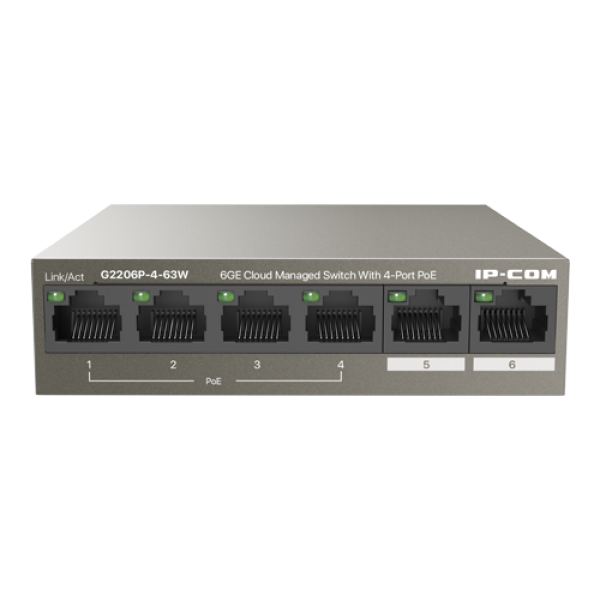 Switch 4 porturi Gigabit PoE+, 2 porturi RJ45 Gigabit, 58W, Management - IP-COM G2206P-4-63W