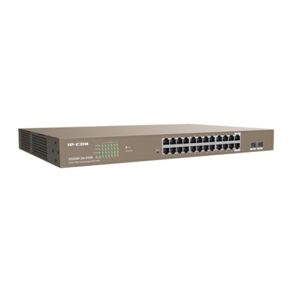 Switch 24 porturi PoE+ Gigabit, 2 porturi SFP Gigabit, Management, 370W, 1U - IP-COM G3326P-24-410W Switch 24 porturi PoE+ Gigabit, 2 porturi SFP Gigabit, Management, 370W, 1U - IP-COM G3326P-24-410W
