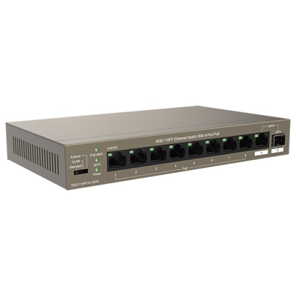 Switch 8 porturi Gigabit PoE, 1 port Uplink Gigabit, 1 port SFP Uplink Gigabit - Tenda TND-TEG1110PF-8-102W Switch 8 porturi Gigabit PoE, 1 port Uplink Gigabit, 1 port SFP Uplink Gigabit - Tenda TND-TEG1110PF-8-102W