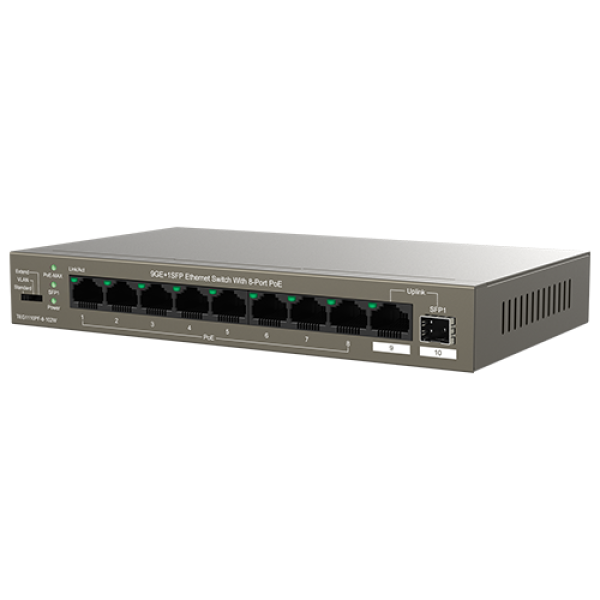 Switch 8 porturi Gigabit PoE, 1 port Uplink Gigabit, 1 port SFP Uplink Gigabit - Tenda TND-TEG1110PF-8-102W Switch 8 porturi Gigabit PoE, 1 port Uplink Gigabit, 1 port SFP Uplink Gigabit - Tenda TND-TEG1110PF-8-102W
