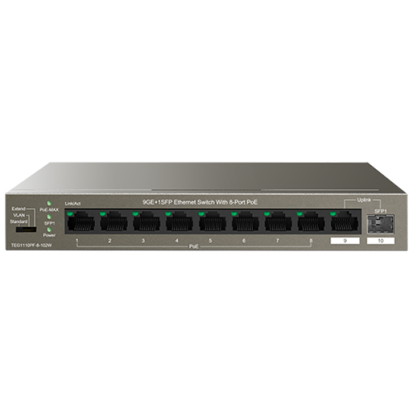 Switch 8 porturi Gigabit PoE, 1 port Uplink Gigabit, 1 port SFP Uplink Gigabit - Tenda TND-TEG1110PF-8-102W Switch 8 porturi Gigabit PoE, 1 port Uplink Gigabit, 1 port SFP Uplink Gigabit - Tenda TND-TEG1110PF-8-102W