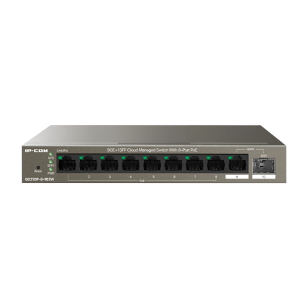 Switch 8 porturi PoE Gigabit, uplink 1 x RJ45 + 1 x SFP Gigabit, 92W, Cloud Management - IP-COM G2210P-8-102W Switch 8 porturi PoE Gigabit, uplink 1 x RJ45 + 1 x SFP Gigabit, 92W, Cloud Management - IP-COM G2210P-8-102W