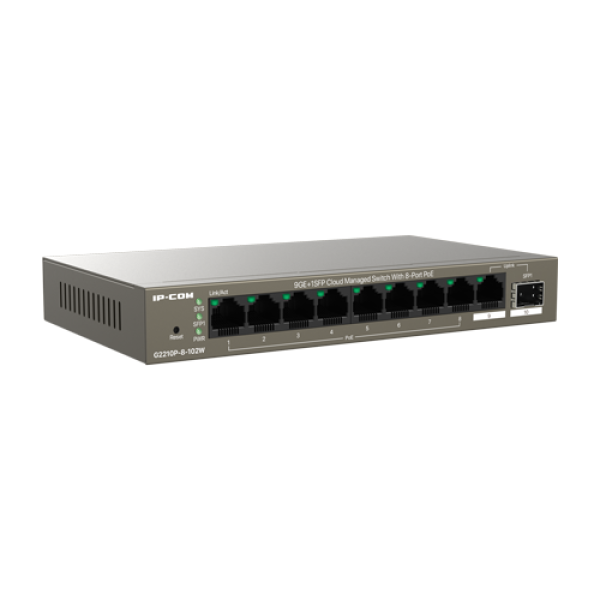 Switch 8 porturi PoE Gigabit, uplink 1 x RJ45 + 1 x SFP Gigabit, 92W, Cloud Management - IP-COM G2210P-8-102W Switch 8 porturi PoE Gigabit, uplink 1 x RJ45 + 1 x SFP Gigabit, 92W, Cloud Management - IP-COM G2210P-8-102W