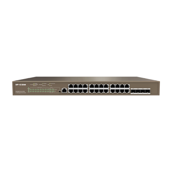 Switch 24 porturi PoE Gigabit, 4 porturi SFP Gigabit, 1 port consola,1U, L3 Management - IP-COM G5328P-24-410W