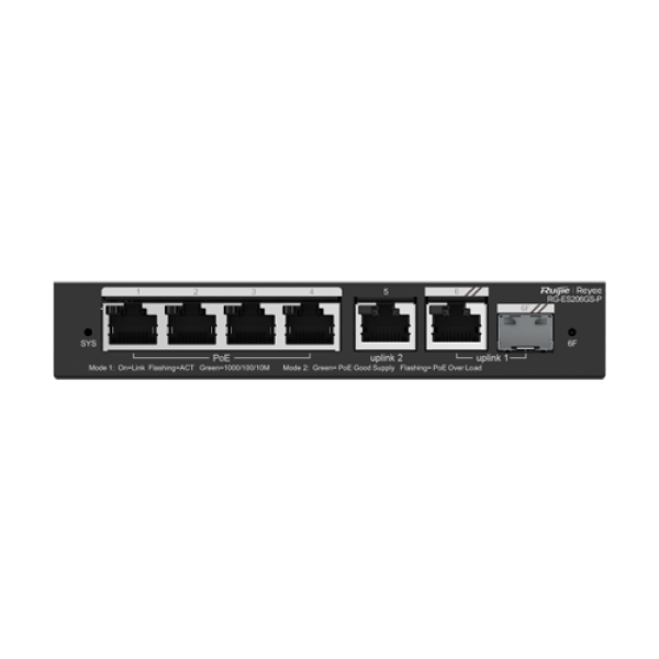 Switch 4 porturi PoE Gigabit 54W, uplink 2 x RJ45 + 1 x SFP, Cloud Management - Ruijie RG-ES206GS-P Switch 4 porturi PoE Gigabit 54W, uplink 2 x RJ45 + 1 x SFP, Cloud Management - Ruijie RG-ES206GS-P