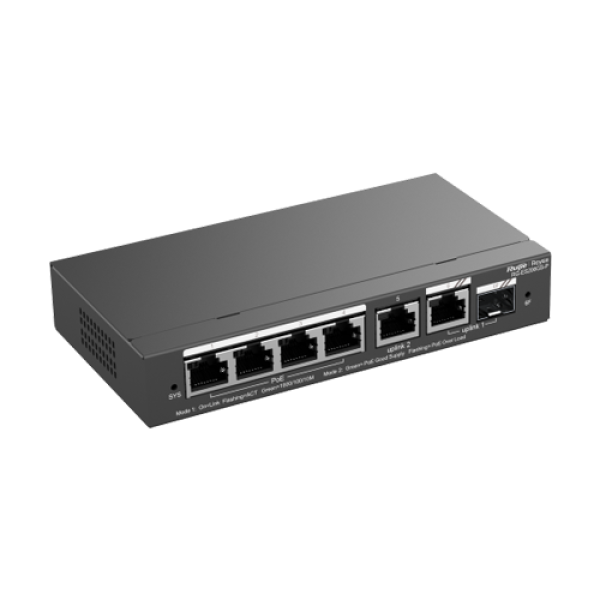 Switch 4 porturi PoE Gigabit 54W, uplink 2 x RJ45 + 1 x SFP, Cloud Management - Ruijie RG-ES206GS-P Switch 4 porturi PoE Gigabit 54W, uplink 2 x RJ45 + 1 x SFP, Cloud Management - Ruijie RG-ES206GS-P