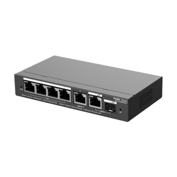 Switch 4 porturi PoE Gigabit 54W, uplink 2 x RJ45 + 1 x SFP, Cloud Management - Ruijie RG-ES206GS-P Switch 4 porturi PoE Gigabit 54W, uplink 2 x RJ45 + 1 x SFP, Cloud Management - Ruijie RG-ES206GS-P