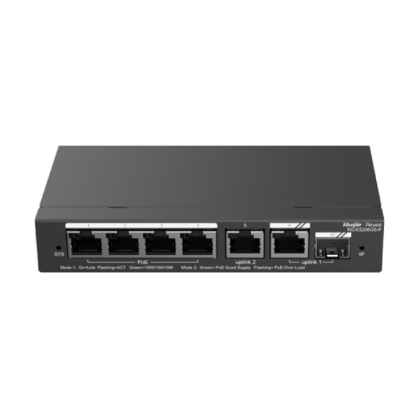 Switch 4 porturi PoE Gigabit 54W, uplink 2 x RJ45 + 1 x SFP, Cloud Management - Ruijie RG-ES206GS-P Switch 4 porturi PoE Gigabit 54W, uplink 2 x RJ45 + 1 x SFP, Cloud Management - Ruijie RG-ES206GS-P
