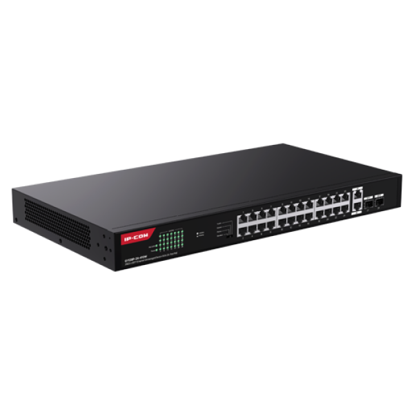 Switch 24 porturi Gigabit PoE, 2 x RJ45 Uplink Gigabit, 2 x SFP Gigabit, 1U - IP-COM G1128P-24-410W