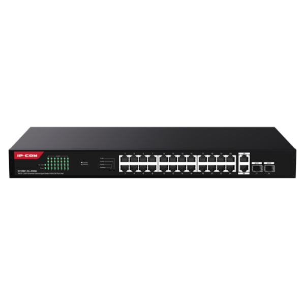 Switch 24 porturi Gigabit PoE, 2 x RJ45 Uplink Gigabit, 2 x SFP Gigabit, 1U - IP-COM G1128P-24-410W