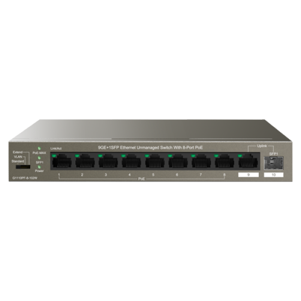 Switch 8 porturi Gigabit PoE, 1 x RJ45 Gigabit Uplink, 1 x SFP Gigabit Uplink - IP-COM G1110PF-8-102W Switch 8 porturi Gigabit PoE, 1 x RJ45 Gigabit Uplink, 1 x SFP Gigabit Uplink - IP-COM G1110PF-8-102W