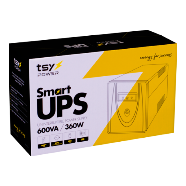 UPS TSY Power, 600VA/360W, LED, AVR-Repornire automata, Management, 2 x Schuko, 2 x RJ45, 1 X USB type B TSY-MP-0K6-LED