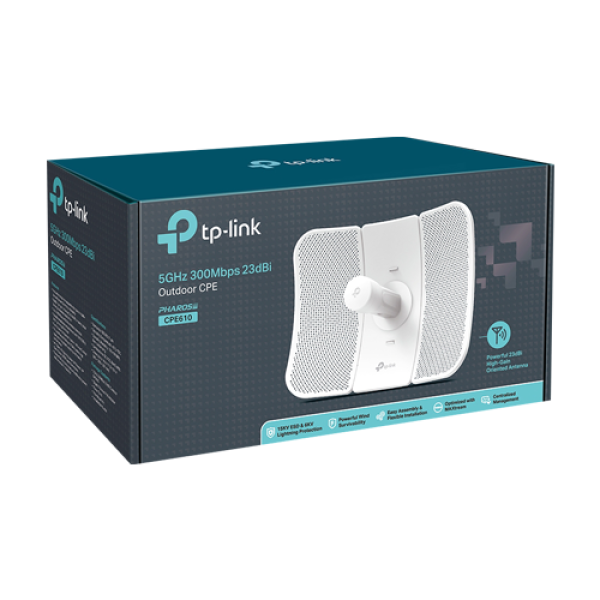 Bridge wireless, Wi-Fi 4, 5GHz, 23 dBi, 30 km, 1 x RJ45 10/100 Mbps, PoE pasiv - TP-Link CPE610 Bridge wireless, Wi-Fi 4, 5GHz, 23 dBi, 30 km, 1 x RJ45 10/100 Mbps, PoE pasiv - TP-Link CPE610