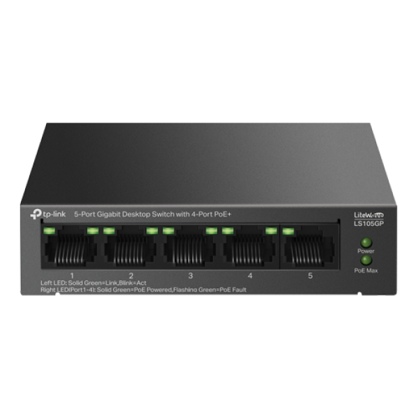 Switch LiteWave, 5 porturi RJ45 Gigabit, 4xPoE+, Unmanaged - TP-Link LS105GP