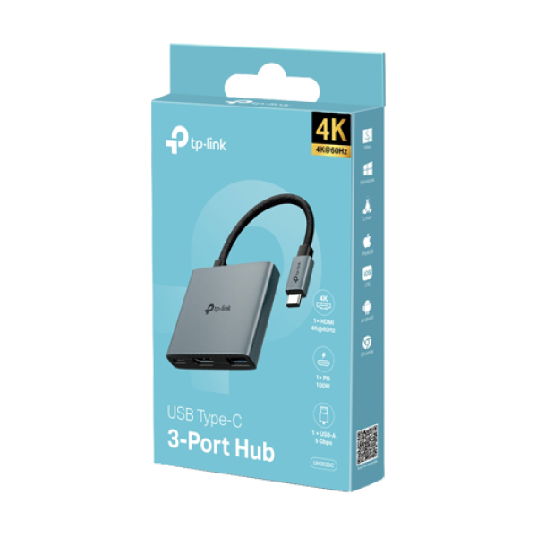 Hub USB-C 3-in-1, 1 x USB-C PD 100W, 1 x USB-A 5Gbps, 1 x HDMI 4K@60Hz - TP-Link UH3020C Hub USB-C 3-in-1, 1 x USB-C PD 100W, 1 x USB-A 5Gbps, 1 x HDMI 4K@60Hz - TP-Link UH3020C
