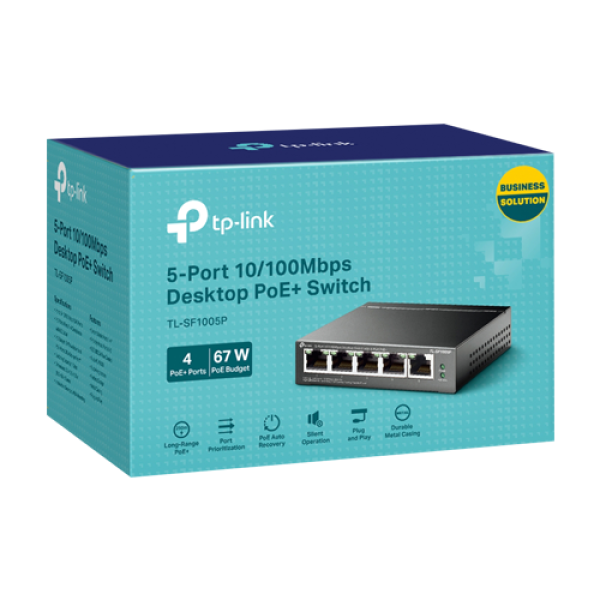 Switch 4 porturi RJ45 10/100 Mbps PoE, 1 port RJ45 10/100 Mbps, Buget PoE 67W, Unmanaged - TP-Link TL-SF1005P Switch 4 porturi RJ45 10/100 Mbps PoE, 1 port RJ45 10/100 Mbps, Buget PoE 67W, Unmanaged - TP-Link TL-SF1005P