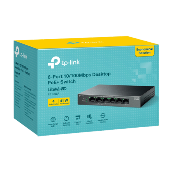 Switch LiteWave, 4 x RJ45 10/100 Mbps PoE, 2 x RJ45 10/100 Mbps, Buget PoE 41W, Unmanaged - TP-Link LS106LP Switch LiteWave, 4 x RJ45 10/100 Mbps PoE, 2 x RJ45 10/100 Mbps, Buget PoE 41W, Unmanaged - TP-Link LS106LP