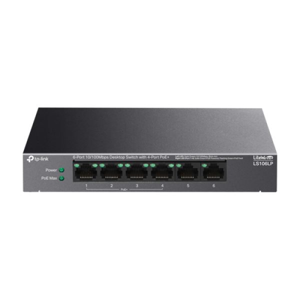 Switch LiteWave, 4 x RJ45 10/100 Mbps PoE, 2 x RJ45 10/100 Mbps, Buget PoE 41W, Unmanaged - TP-Link LS106LP Switch LiteWave, 4 x RJ45 10/100 Mbps PoE, 2 x RJ45 10/100 Mbps, Buget PoE 41W, Unmanaged - TP-Link LS106LP