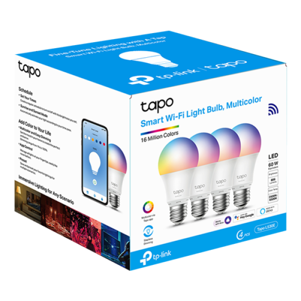 Set 4 becuri smart Wi-Fi, RGB, intensitate ajustabila, 2700-6500K, 806 lm, E27 - TP-Link Tapo TapoL530E(4-pack)