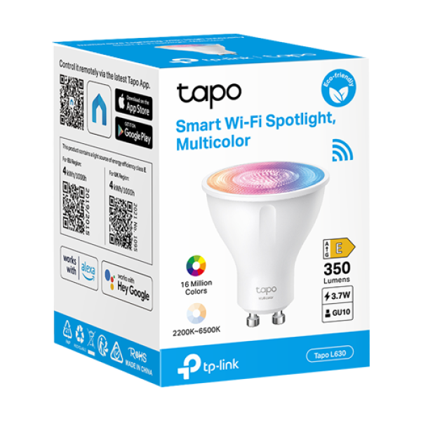 Bec LED smart Wi-Fi, RGB, 2200-6500K, intensitate ajustabila, 350 lm, GU10 - TP-Link Tapo TapoL630 Bec LED smart Wi-Fi, RGB, 2200-6500K, intensitate ajustabila, 350 lm, GU10 - TP-Link Tapo TapoL630