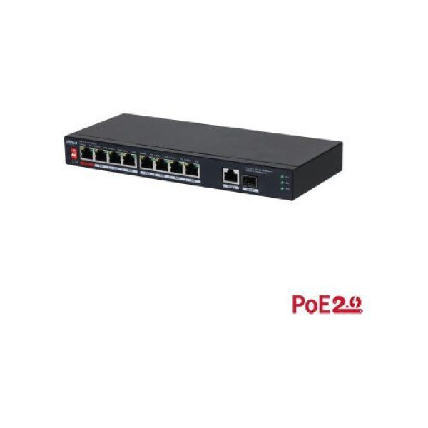Switch Dahua PFS3110-8ET1GT1GF-96 fără management cu 10 porturi și 8 porturi PoE 100 Mbps, 90 W Switch Dahua PFS3110-8ET1GT1GF-96 fără management cu 10 porturi și 8 porturi PoE 100 Mbps, 90 W