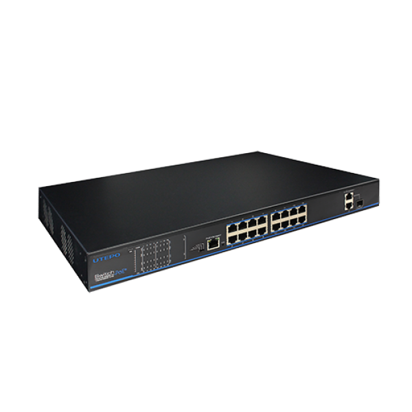 Switch ethernet PoE+, 16 porturi 10/100Mbps POE+ downlink, 2 porturi 10/100/1000Mbps uplink, 1 port SFP 1000Mbps uplink  (combo), 1 port Management POE, functie POE Watchdog - UTP3218TS-PSB