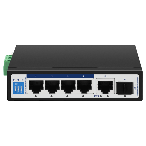 Switch industrial POE 4 porturi GIGABIT + 1 UpLink + 1 SFP, IP40, DIN, -40-75°C - HR500-AFG-411S Switch industrial POE 4 porturi GIGABIT + 1 UpLink + 1 SFP, IP40, DIN, -40-75°C - HR500-AFG-411S