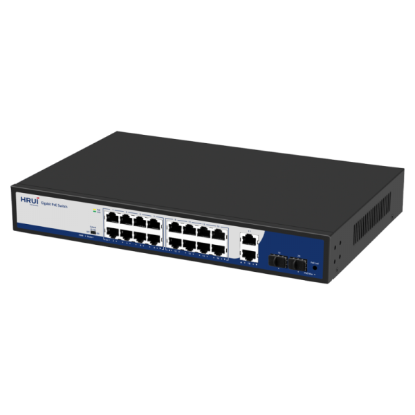 Switch POE 16 porturi Gigabit + 2 porturi RJ45 UpLink + 2 porturi SFP, IEEE802.3af/at, DEFAULT/VLAN/EXTEND, -10-50°C - HR900-AFG-1622S-200