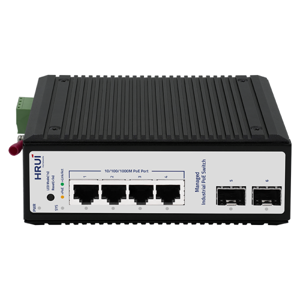 Switch industrial cu management L2+, POE, 4 porturi Gigabit + 2 SFP, 1 port Console, IP40, DIN, -40-75°C - HR722P-4T2GS-A Switch industrial cu management L2+, POE, 4 porturi Gigabit + 2 SFP, 1 port Console, IP40, DIN, -40-75°C - HR722P-4T2GS-A
