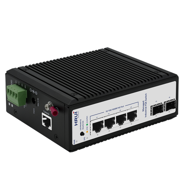 Switch industrial cu management L2+, POE, 4 porturi Gigabit + 2 SFP, 1 port Console, IP40, DIN, -40-75°C - HR722P-4T2GS-A Switch industrial cu management L2+, POE, 4 porturi Gigabit + 2 SFP, 1 port Console, IP40, DIN, -40-75°C - HR722P-4T2GS-A