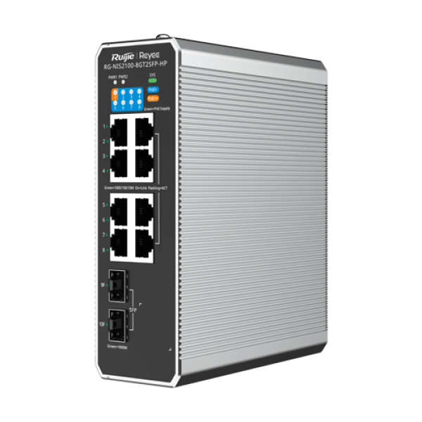 Switch industrial 7 x RJ45 1G PoE+, 1 x RJ45 1G PoE++, 2 x SFP, L2 Cloud Management - Ruijie RG-NIS2100-8GT2SFP-HP