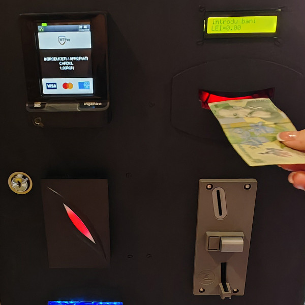 Automat de plata cu acceptor de bancnote, jetoniera, card bancar, cititor RFID, eliberator de bon toaleta