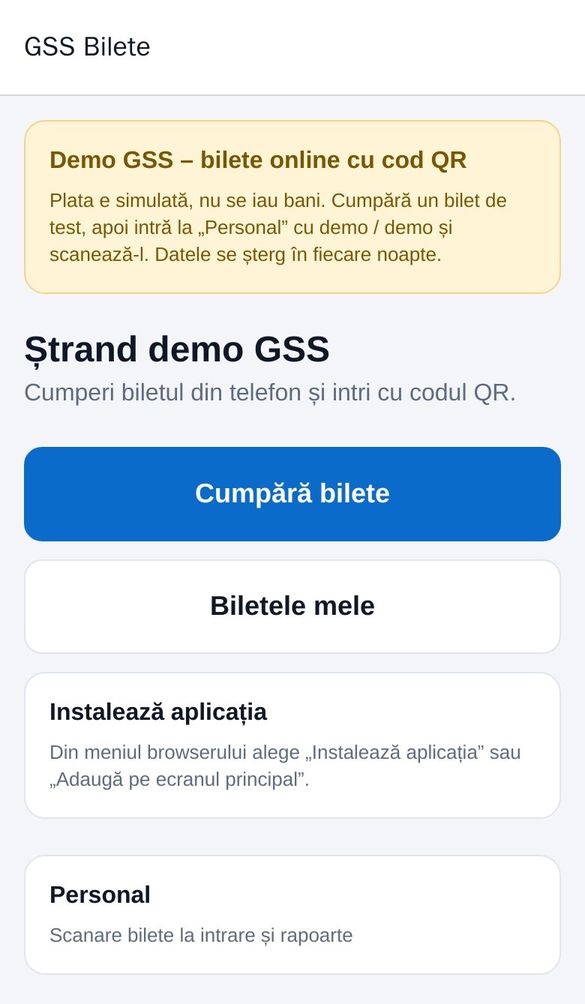 Demo aplicatie bilete online cu cod QR - ecranul de start