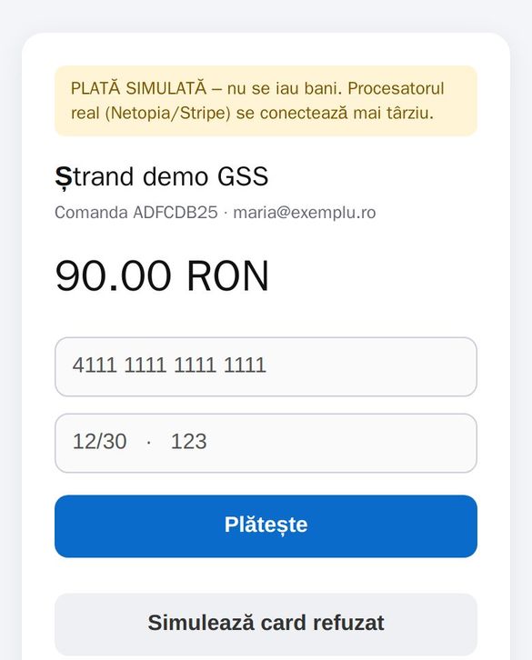 Pagina de plata simulata in demo-ul aplicatiei de bilete