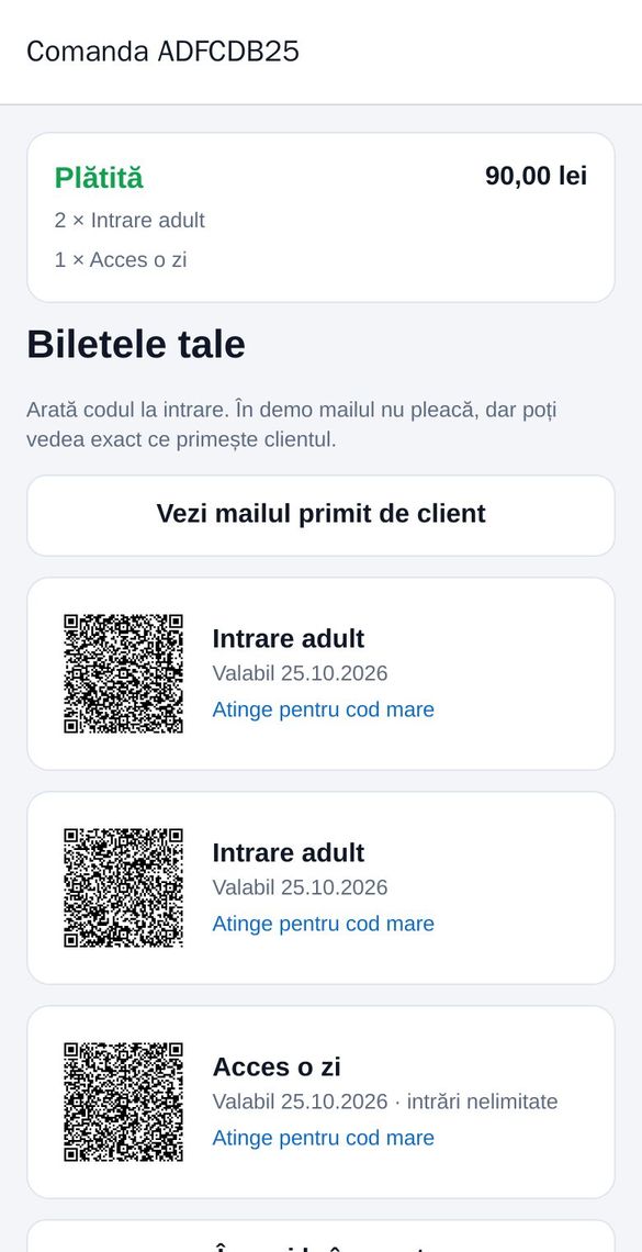 Bilete cu cod QR dupa plata in aplicatia GSS