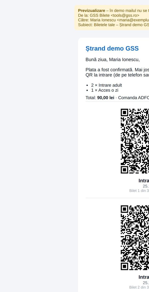 Mailul cu biletele cu cod QR primit de client