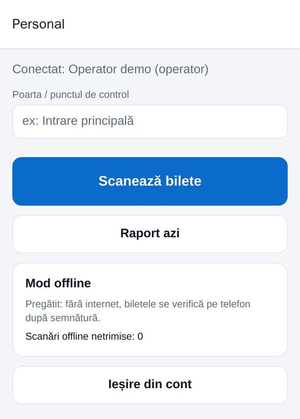 Ecranul personalului in aplicatia de bilete QR